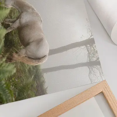 Poster a horse standing in a misty forest with ferns