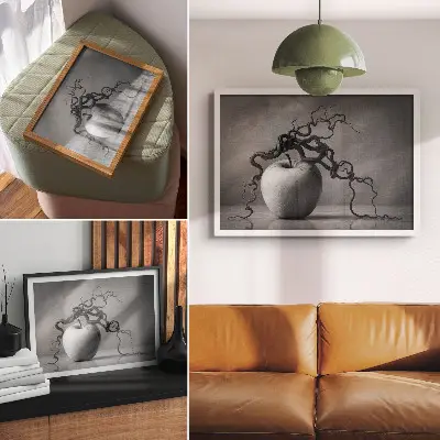 Photo canvas the contrast of the apple and the branch in a harmonious monochromatic style
