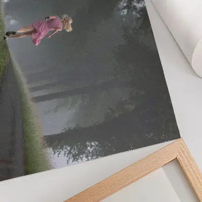 Decorative canvas print running figure in a tree-lined alley with fog