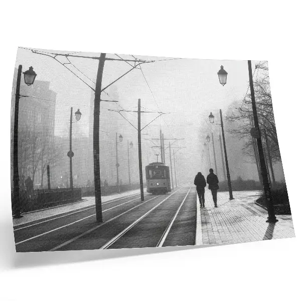 Decorative canvas print tram in the foggy urban street at night