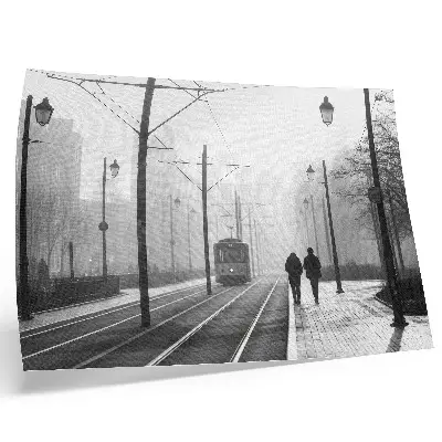 Decorative canvas print tram in the foggy urban street at night