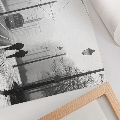 Decorative canvas print Tram fog streetlights urban atmosphere
