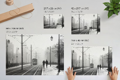Decorative canvas print Tram fog streetlights urban atmosphere