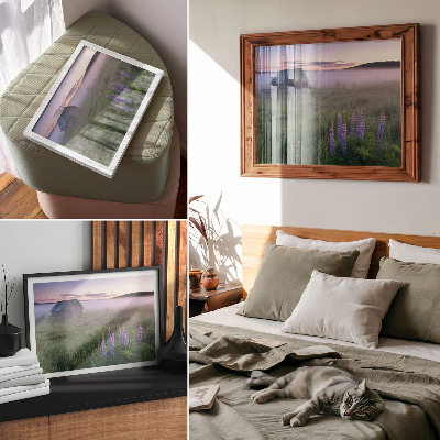 Decorative canvas print Wooden cottage picturesque fog flowers nature