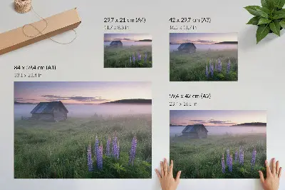 Decorative canvas print wooden cottage in a picturesque fog with nature and flowers
