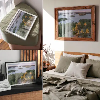 Poster pine forest island lake with a pastel sky