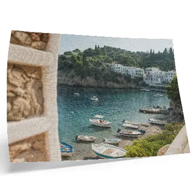 Decorative canvas print boats in a Mediterranean bay with hills