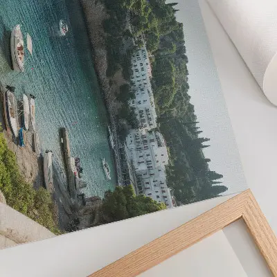 Decorative canvas print boats in a Mediterranean bay with hills
