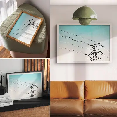 Decorative canvas print birds on power lines under a blue sky