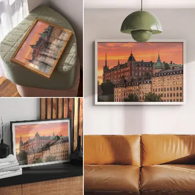 Decorative canvas print sunset with charming historical buildings