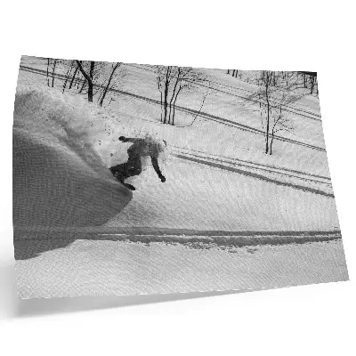 Poster snowboarder in action among snowy trees with high contrast