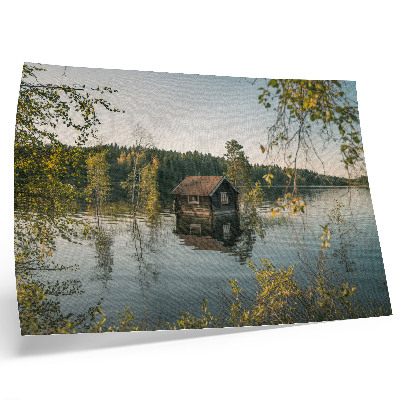 Poster Lake cottage with forest water reflection peace