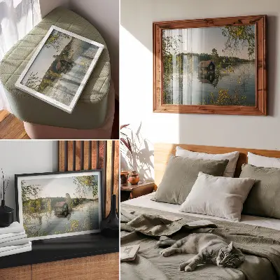 Poster lake cottage with forest and water reflection
