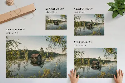 Poster lake cottage with forest and water reflection
