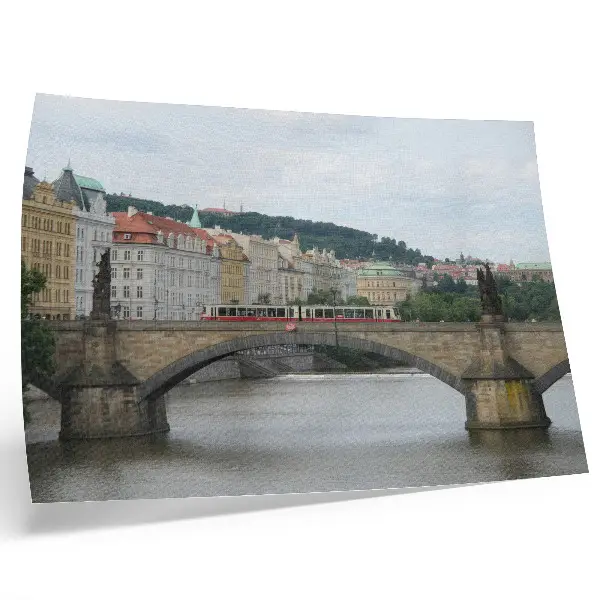 Poster a bridge over the river with a tram and classical architecture