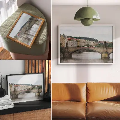 Poster a bridge over the river with a tram and classical architecture