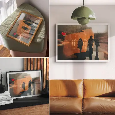 Photo canvas city in the evening with neon orange reflections