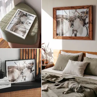 Poster reindeer in a winter landscape with natural antlers