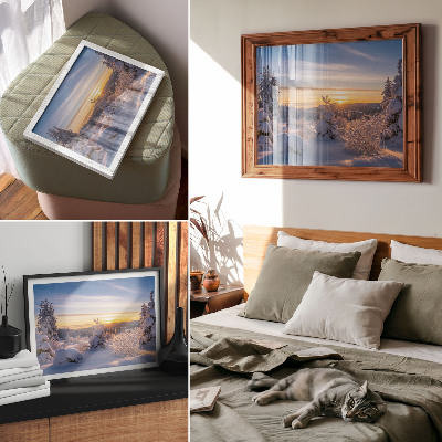 Decorative canvas print Winter landscape with snow and sun on the horizon