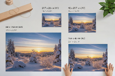Decorative canvas print Winter landscape with snow and sun on the horizon