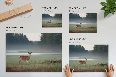 Poster Deer against the background of misty meadows and forest