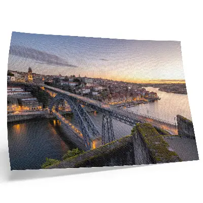 Decorative canvas print bridge at sunset with city skyline backdrop