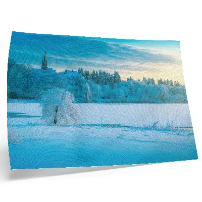 Photo canvas winter landscape featuring a calm lake, sky, and trees