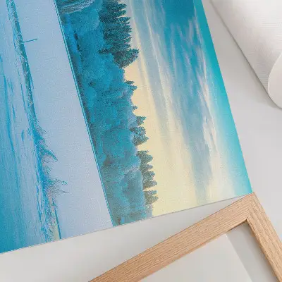 Photo canvas winter landscape featuring a calm lake, sky, and trees