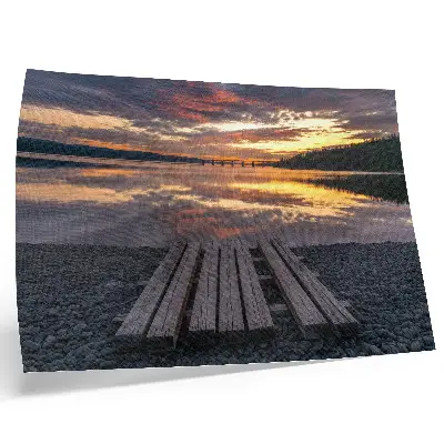 Decorative canvas print lake in the sunset with warm wood tones