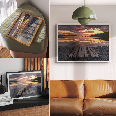 Decorative canvas print Lake in the sunset, warm colors of wood