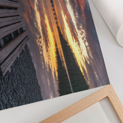 Decorative canvas print Lake in the sunset, warm colors of wood