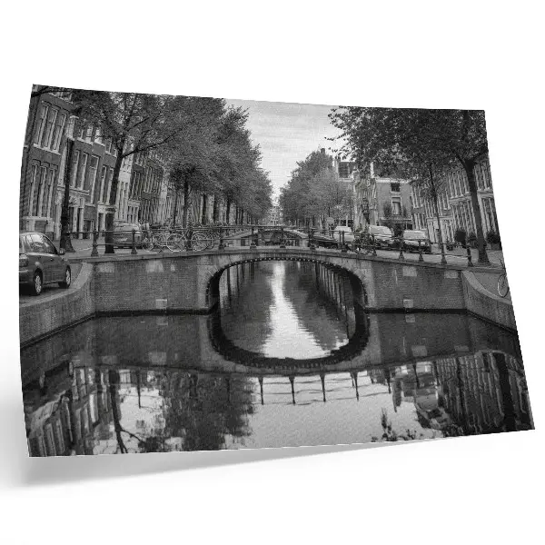 Poster black and white urban canal and bridge scene