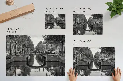 Poster black and white urban canal and bridge scene
