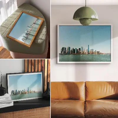 Photo canvas modern skyscrapers with blue sky and big water