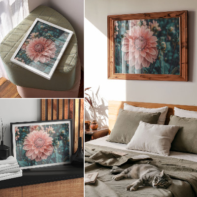 Decorative canvas print Pink dahlia and green leaves modern composition