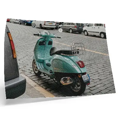 Photo canvas vintage scooter on a cobblestone street with an urban background