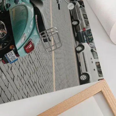 Photo canvas vintage scooter on a cobblestone street with an urban background