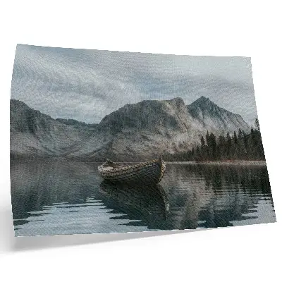 Poster mountains, lake, boat, peace, and harmony