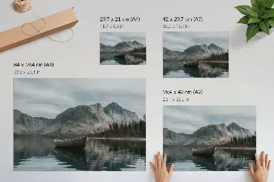 Poster mountains, lake, boat, peace, and harmony