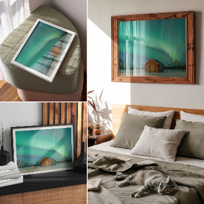 Decorative canvas print Northern Lights over the winter cottage