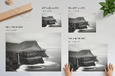 Poster A peaceful landscape with a waterfall and mountains
