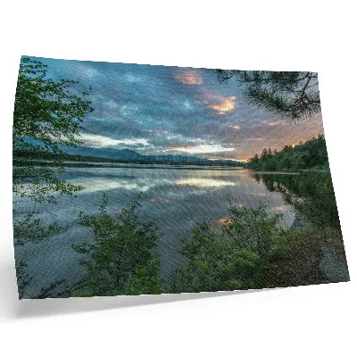 Decorative canvas print lake reflections with green trees and a calm sky