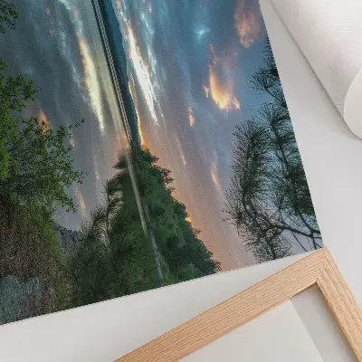 Decorative canvas print lake reflections with green trees and a calm sky