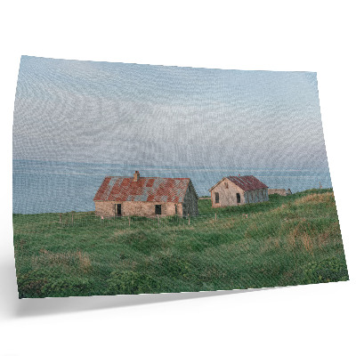 Poster Rustic buildings green meadows sea