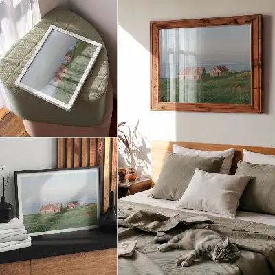 Poster rustic buildings with green meadows and sea