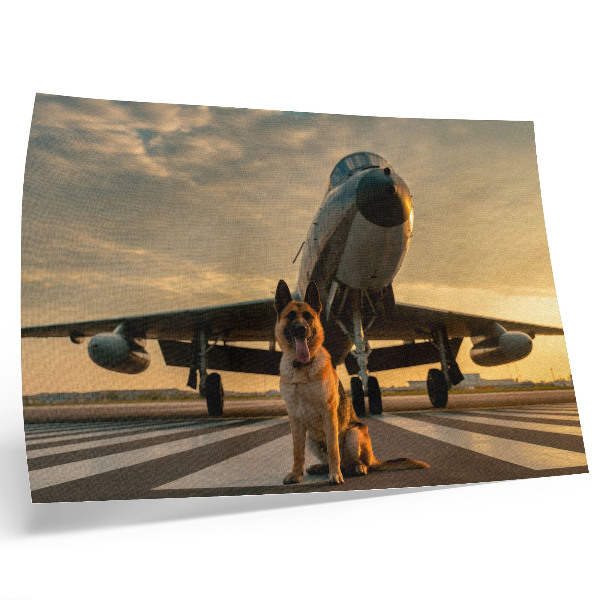 Decorative canvas print Dog and plane in the sunset - a unique sight