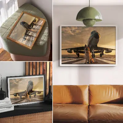 Decorative canvas print dog and plane in the sunset