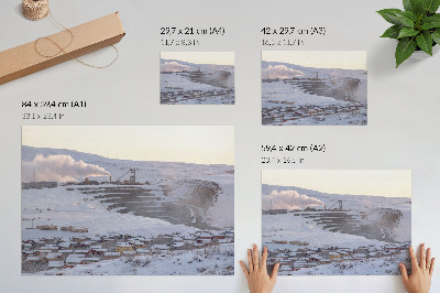 Decorative canvas print Winter landscape with hills and a chimney
