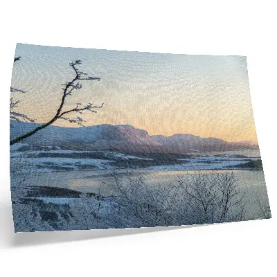 Decorative canvas print winter landscape of mountains, water, and trees at dusk