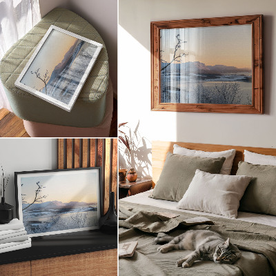 Decorative canvas print Winter landscape of mountains, water, trees at dusk